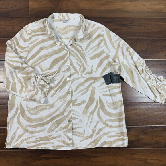 John Mark Tops - John Mark Women's Size 1X Zebra Print Button Up‎ Cinched Sleeve Shirt Top Linen